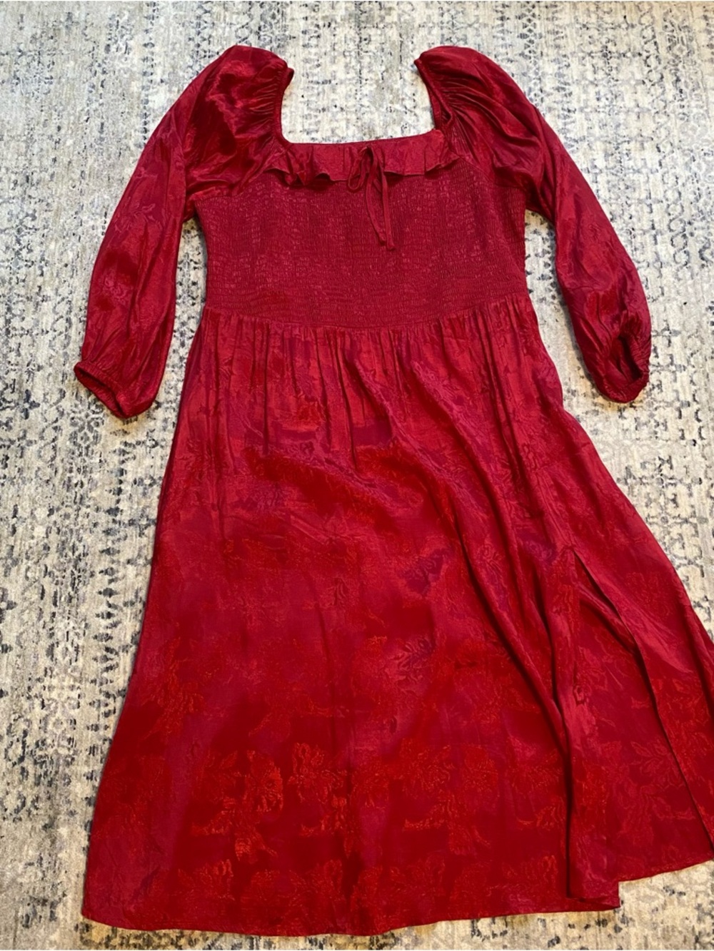 Maurices Red Satin Floral Smocked Long Sleeve Dress